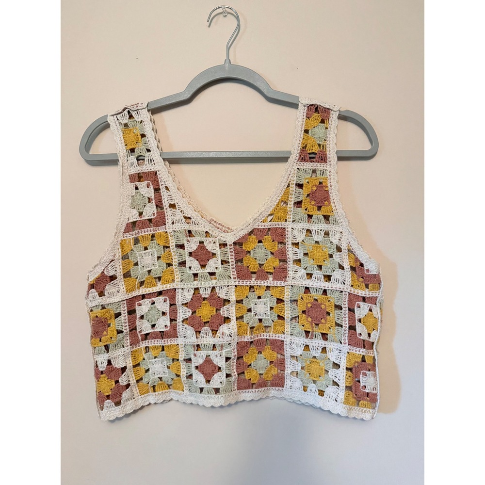 Granny Square Crochet Crop Tank Top Multi Color Boho S/M